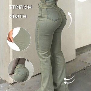 High-Waist Stretch Flare Jeans - Sage Green-ish
